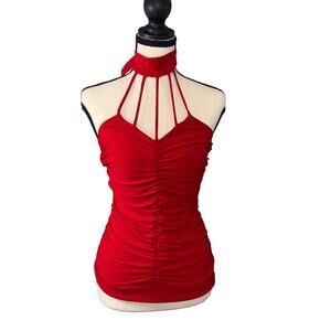 Vintage y2k 90s Sexy Red Clubwear bodycon Ruched Halter Top